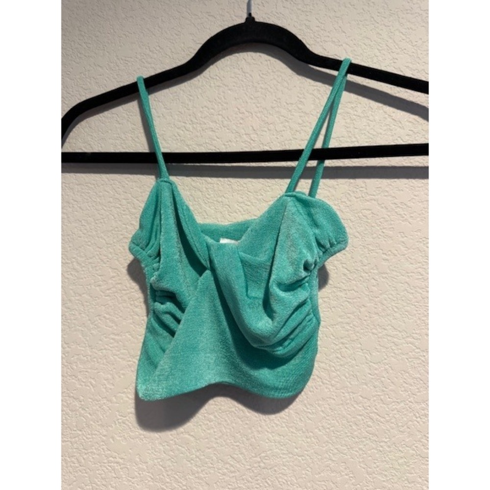 Olivaceous Teal Green Ruched Cropped Cami Top XS Slinky Shimmer Spaghetti Strap